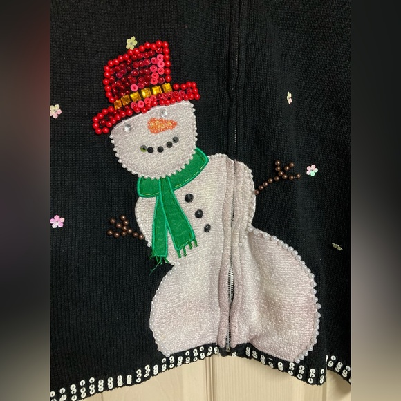 Vintage Black Zip Up Christmas Snowman Sweater - Picture 2 of 8